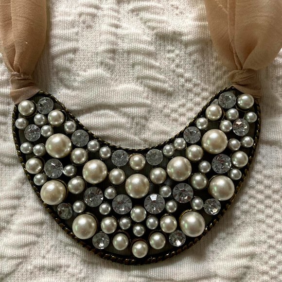 Elegant "Pearl and Diamond" Necklace w/ Fabric Tie - Picture 2 of 4